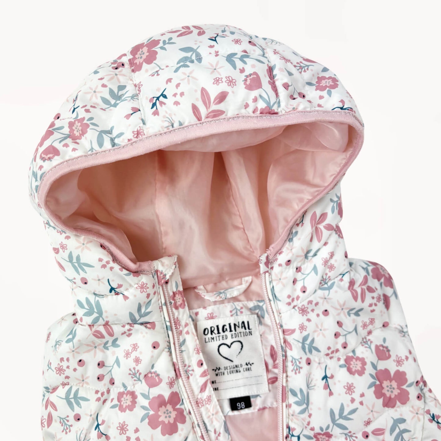 Bodywarmer met kap, bloementjes motief, roze voering⎪98