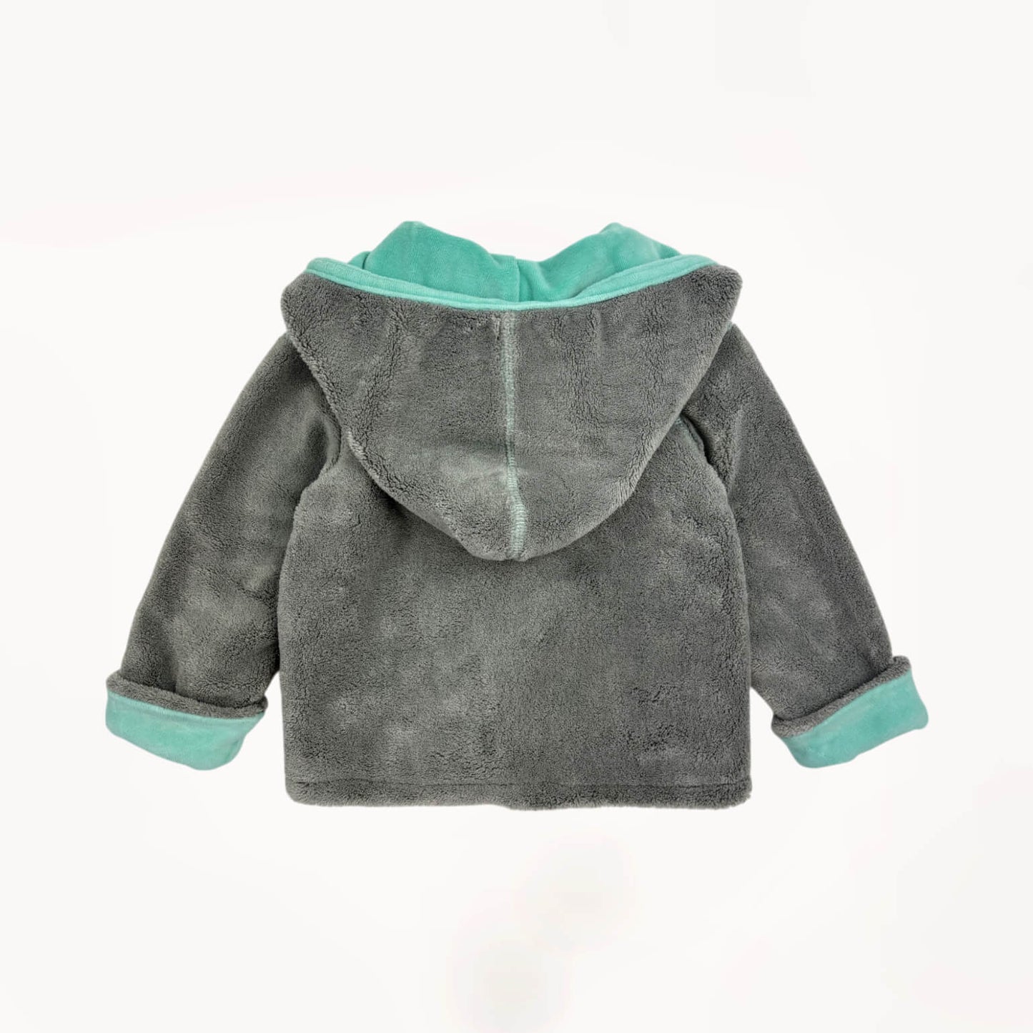 Fluffy cozy badjas met capuchon en knopen, grijs en turquoise⎪80