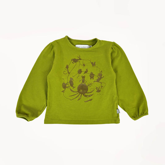 Gifgroen longsleeve shirt, goudkleurige print m/ diertjes⎪98