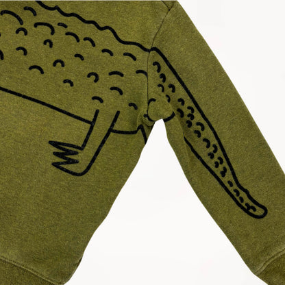 Kaki groene sweater, leuk krokodil design, crew neck, binnenin fleece⎪110