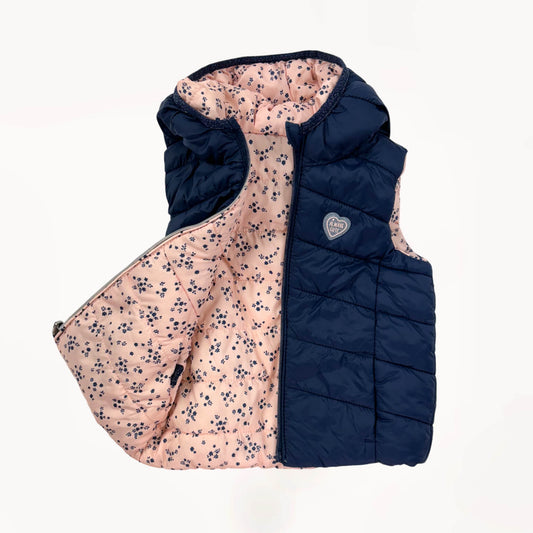 Omkeerbare bodywarmer, navy blauw "Always Cute", roze met bloemenmotief⎪98