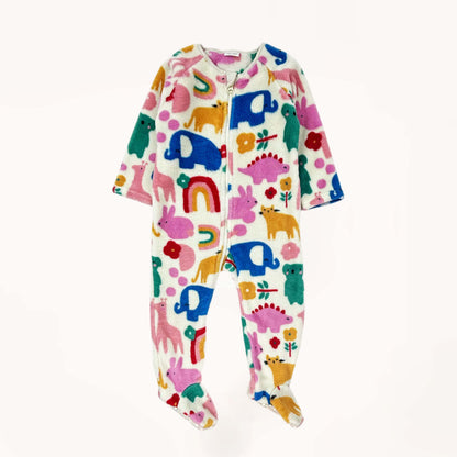 Cozy fleece pyjama onesie met kleurrijk art design, diertjes en dino's⎪80/86