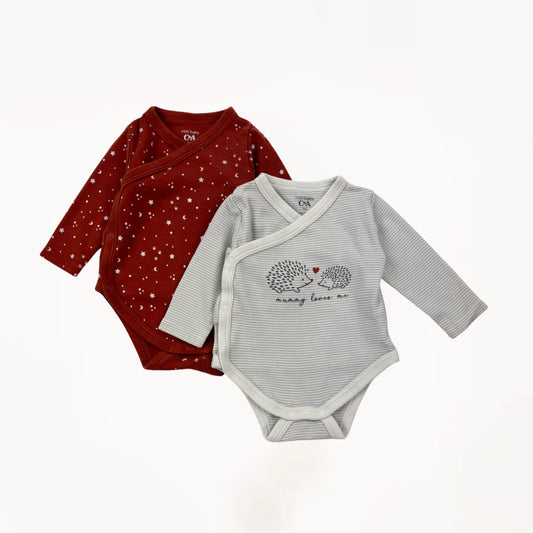 Set 2 overslag rompers winter rood & streepjes, lange mouwen, "mommy loves me"⎪56