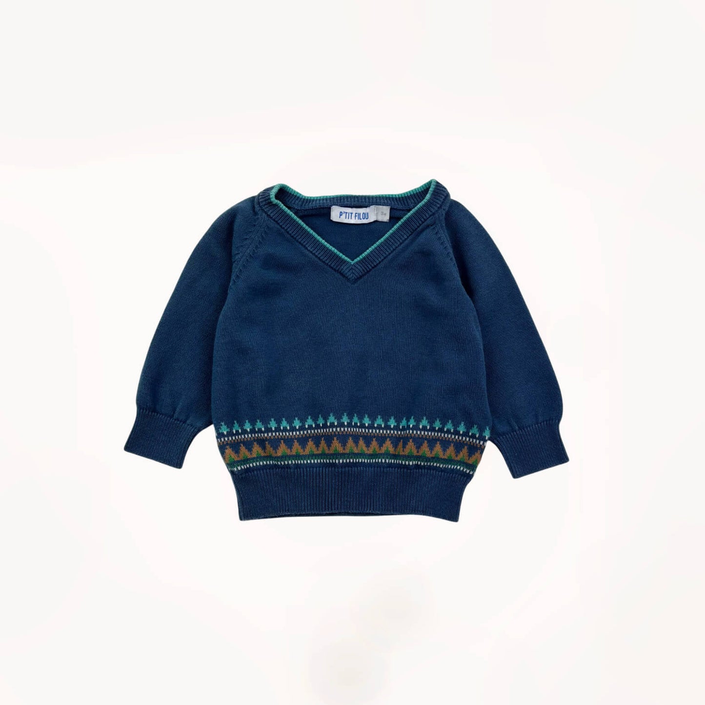 Gebreid truitje blauw met aztec motief, V-hals⎪62