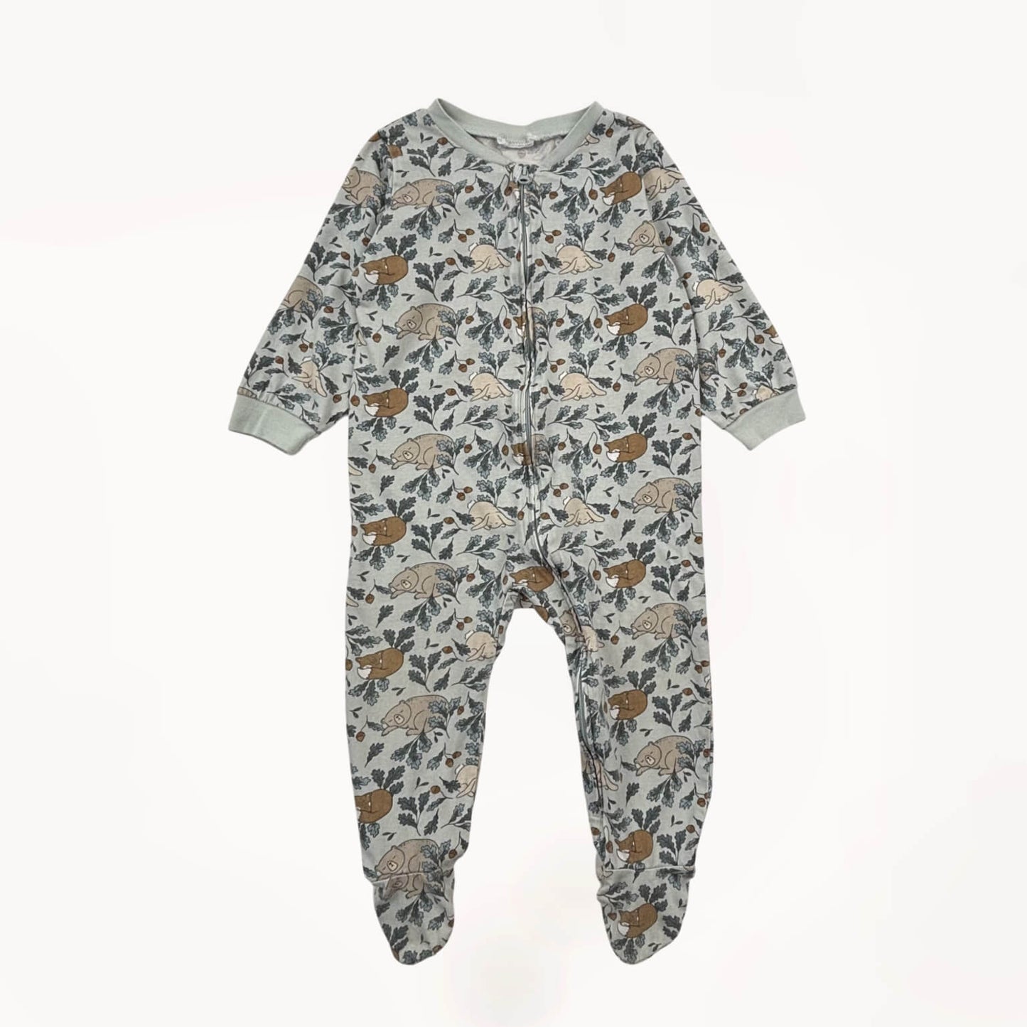 Unisex ééndelige pyjama met rits en voetjes, Herfst/ Kerst print diertjes & maretakjes⎪86